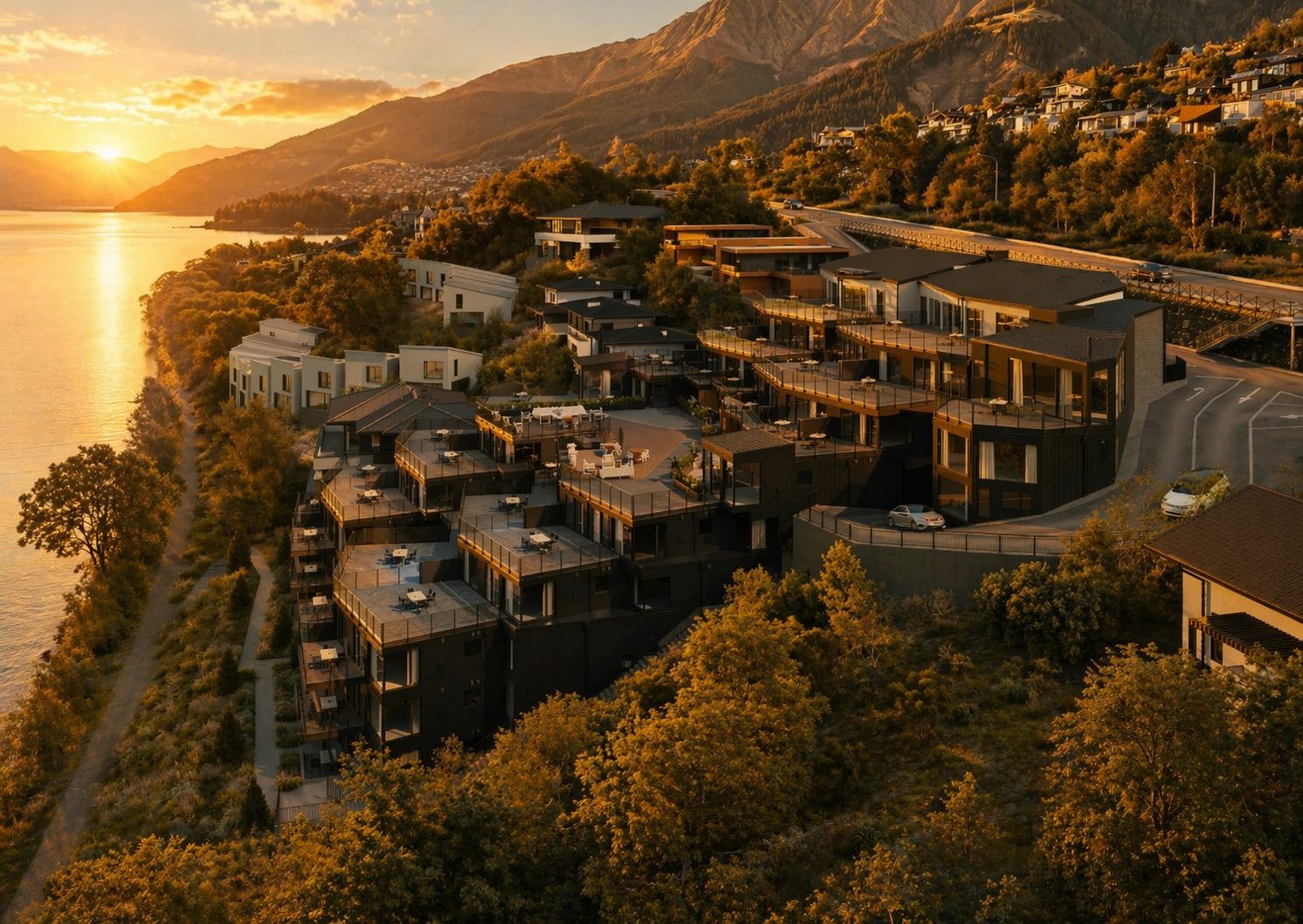 Villa Montclair from above at golden hour, Lake Wakatipu