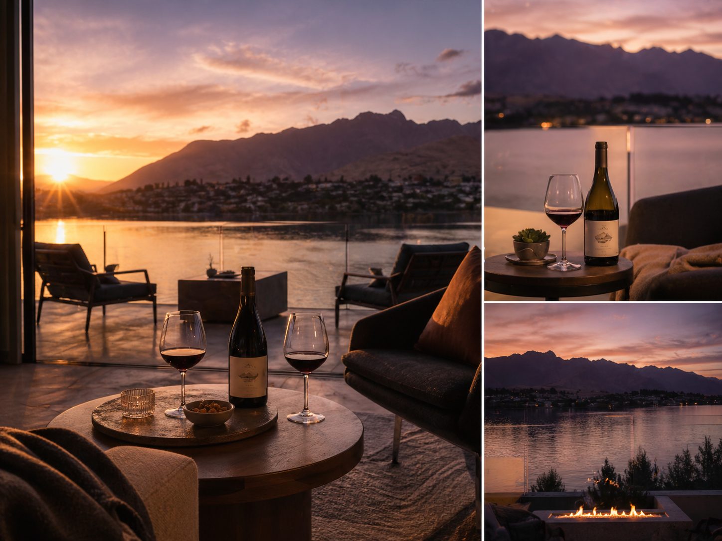 Wine and the lake — sunset over Lake Wakatipu and the Remarkables from the residence