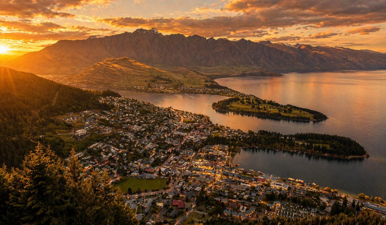 Queenstown and Lake Wakatipu from above at golden hour, the Remarkables behind