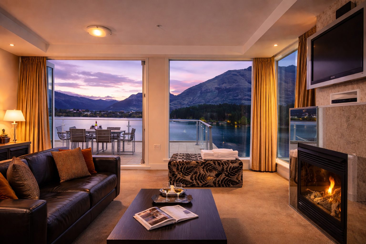 Sunset over the lake from the residence — fire on, dinner laid