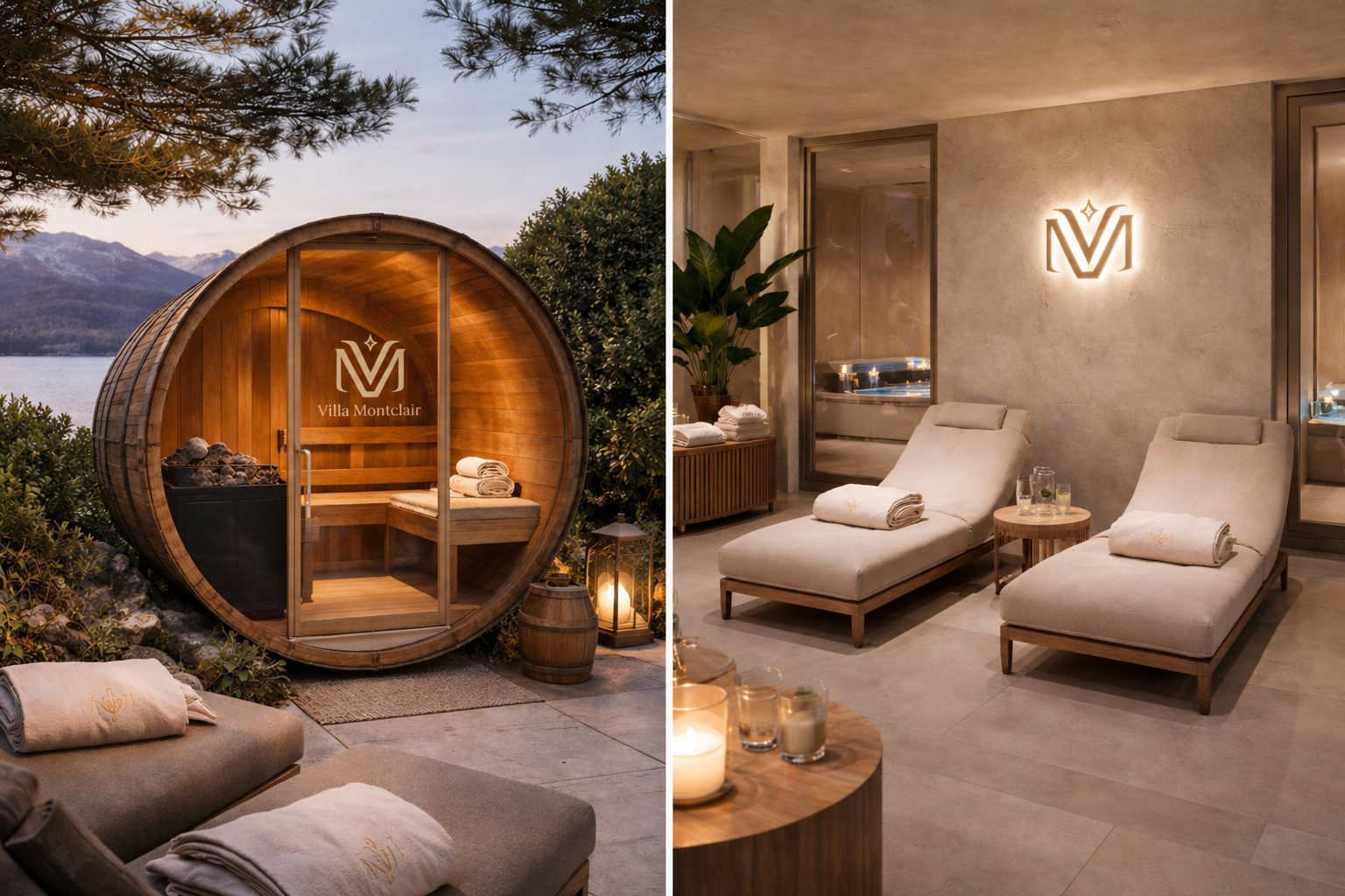 Villa Montclair wellness retreat — barrel sauna by the lake and spa loungers